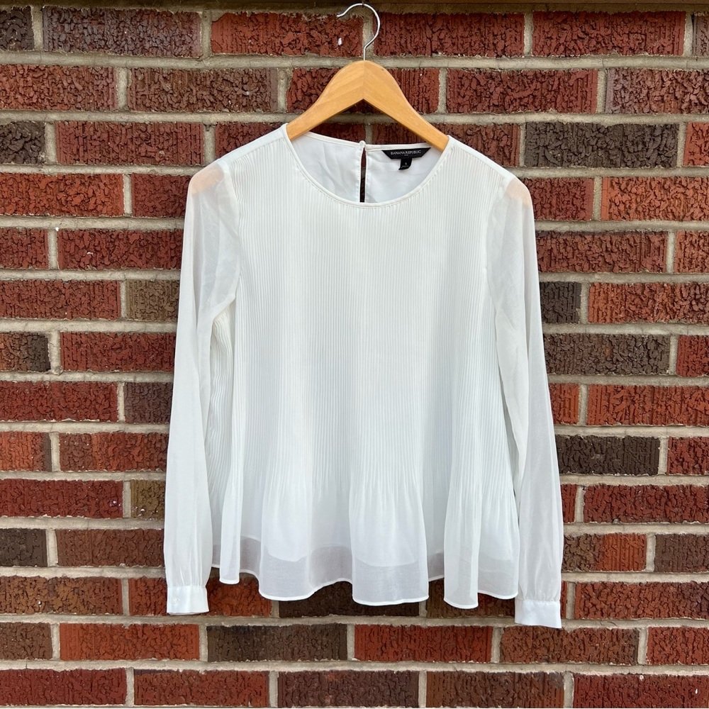 Banana Republic White Pleated Peplum Chiffon Long Sleeve Blouse